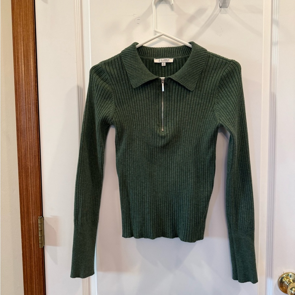 Z Supply boutique brand Sage Ribbed Zip-Up Cardigan with collar